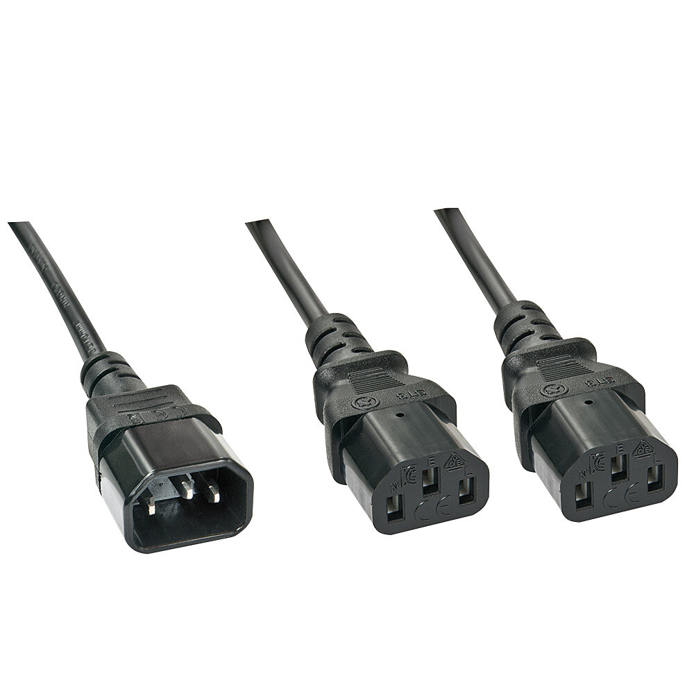 Rallonge secteur C14 vers 2 x C13, 1m IEC C14 (mâle) vers 2x IEC C15 (femelles