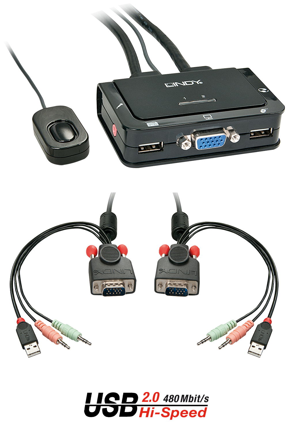 Switch KVM 2 Ports VGA, USB 2.0 & Audio, Câbles Intégrés